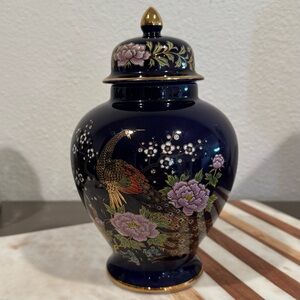 Vintage Mid-Century Japanese Colbalt Blue Bird Blossom  Ginger Jar Vase Peacock